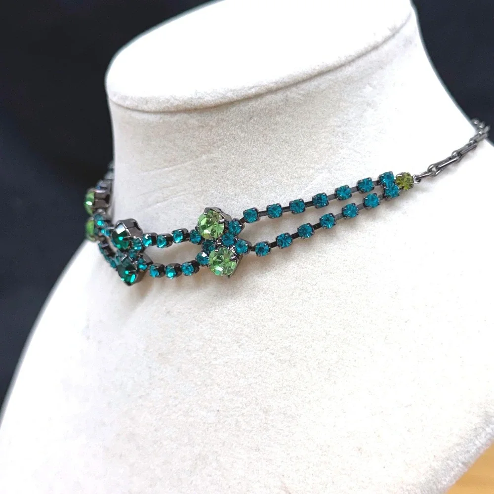Teal Green Rhinestone Choker Necklace Gunmetal Tone Crystal Statement Jewelry